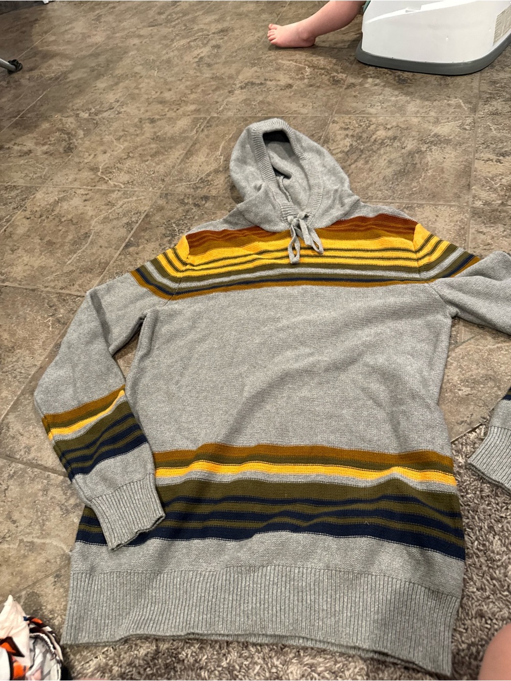 🥞Sun + Stone Grey Hooded Sweater with Yellow and Navy Stripes